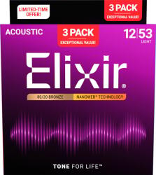 Elixir 16539 Nanoweb 12-53 3-Pack Akusztikus gitárhúrok (16539)