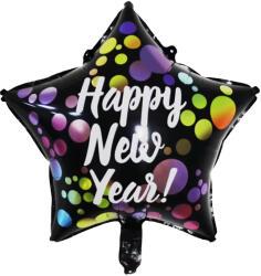 Mezőfi Team Kft Happy New Year, fólia lufi, csillag, fekete, pöttyös, 45 cm