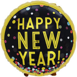 Mezőfi Team Kft Happy New Year, fólia lufi, gömb, fekete, konfettis, 45 cm