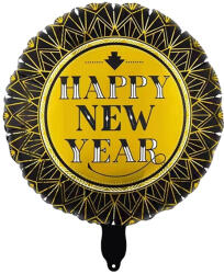 Mezőfi Team Kft Happy New Year, fólia lufi, gömb, elegáns, arany-fekete, 45 cm