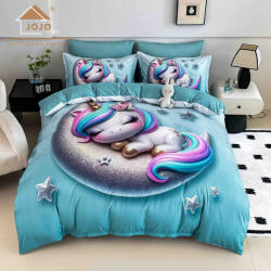 Jojo Home Lenjerie de pat cu elastic, pat dublu, bumbac finet, 6 piese, imprimeu 5D imprimeu unicorn pastel pe luna-A1232 (A1232) Lenjerie de pat