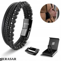 Serasar , Bőr karkötő [Kő] férfiaknak, mágneses kapoccsal, Fekete, 17 cm (Stone)