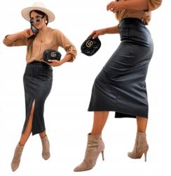  Elegáns Ceruzaszoknya MIDI Öko Bőrből, Prémium Kivágással, Fekete, L