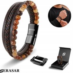 Serasar , Bőr karkötő [Kő] férfiaknak, ajándékdobozzal, barna, 20 cm (Stone)