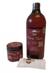 woodworker Set finisare-ceruire mobilier lemn masiv, Mix’N Match Pure Teak Oil & Cutting Board Wax, 1000ml/200ml, laveta bumbac, food-safe, non toxic, interior, exterior, woodworker (Ctw-Te-L-02/1)