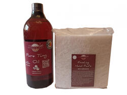 woodworker Kit intretinere mobilier lemn masiv, Prep’N Shine-Pure Tung Oil & Hand Pad’s Non Abraziv alb, 1000 ml, food-safe, non toxic, woodworker (Tu-Hp-A-01)