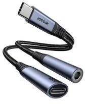 JOYROOM adapter kábel 2in1 (Type-C+3.5mm jack aljzat - Type-C, PD gyorstöltő, cipőfűző, DAC) FEKETE