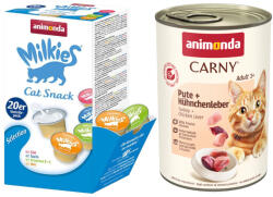 Animonda 12x400g animonda csirke, pulyka & kacsaszív nedves macskatáp+20x15g Milkies snack