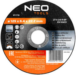 NEO TOOLS csiszolókorong 125x6, 4x22, 2 mm, fémhez (57-715)