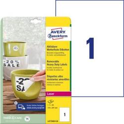 Avery-Zweckform Etikett, 210x297 mm, poliészter, időjárásálló, etávolítható, AVERY ZWECKFORM, fehér, 20 etikett/csomag (L4775REV-20)