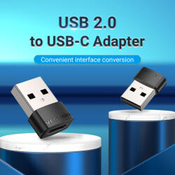Vention USB-A 2.0/M -> USB-C/F, (PVC, fekete), adapter (CDWB0)