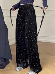 Dazy XC44216 Dazy Velúr Széles Nadrág Magas Derekú Virágokkal (43) L