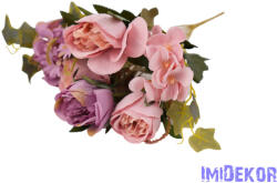 Peónia + hortenzia 6 ágú selyemvirág csokor 31cm - Mályva-Rózsaszín