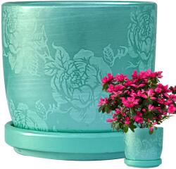Tragar 12x10 cm-es Kerámia Cserép Virág Aláttéttel, Szép Zöld (WWWW)