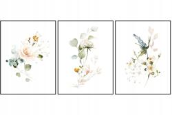  Grafika virágok növények 3db 21x29, 7cm A4 kép szett Keretben triptichon (kwiaty grafiki rośliny zestaw obrazów)
