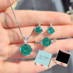 3 részes női ékszer szett, S925 ezüst, zöld, ajándékdoboz (E776)