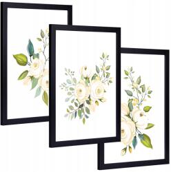  Kép szett Keretben levelek virágok 3x 24x33cm (grafika kwiaty liście tryptyk na ścianę)