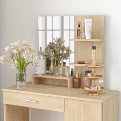 Homcom Hálószobai Fésülködőasztal Szekrénnyel, Fiókos Sminktükörrel és Nyitott Polcokkal, 90x38x138 cm, Juharfa