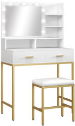 Homcom Sminkasztal LED tükörrel és zsámolyal, 2 fiókkal, 5 polccal, fürdőszobába, fehér