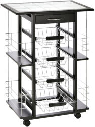 Homcom Konyhai kocsi fiókkal, 4 kivehető gyümölcskosárral és kerámia tetejjel, 57x37x83 cm, fekete