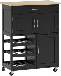 Homcom Konyhai kocsi palacktartóval, 3 ajtós, 4 kerékkel és fiókkal, konyhaszekrény, 67x37x87 cm, fekete