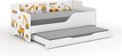  LILU gyermekágy laminált előlappal és oldallappal, 160x80cm, matraccal és ágyneműtartóval, kihúzható, belső 140x70cm-es matraccal - munkagép mintával