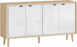 Homcom Modern Tálalószekrény 4 Ajtóval és Állítható Polccal, 141x35x77 cm, Fényes Fehér és Tölgyfa