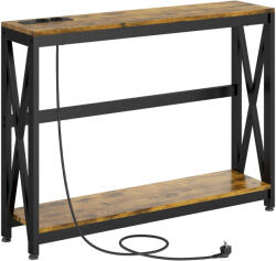 Homcom Slim konzolasztal, ipari kétszintes asztal, keskeny kanapéasztal acél X-alakú vázzal, 100x24x75 cm, barna