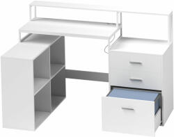 HomCom L alakú íróasztal konnektorokkal, fiókkal és monitorállvánnyal, 138, 5x90x92 cm, fehér