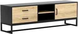 HomCom 60" -es TV-állvány szekrénnyel, 2 fiókkal és állítható nyitott polcokkal, 140x35x45 cm, natúr fa