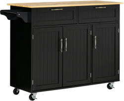 Homcom Multifunkcionális konyhai kocsi 2 fiókkal, 3 ajtós szekrénnyel és 4 kerékkel, 121x46x91 cm, fekete