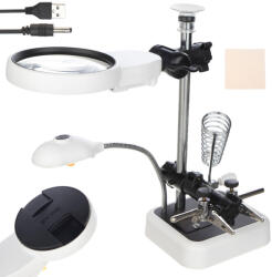  Harmadik Kéz Forrasztó Páka Tartóval, Nagyítóval és LED Világítással - Fehér