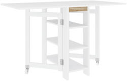 HomCom Összecsukható asztal kerekekkel, 2 összecsukható oldallappal és polcokkal, 120x60x75 cm, fehér