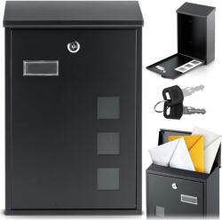 Humberg Postaláda, Humberg HM-864, fekete, 39 × 25, 5 × 12 cm, galvanizált acél, porszórt, időjárásálló, csendes, felső bedobónyílás, zár 2 kulccsal, ellenőrzőablak (TE586400)