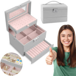 Massido Ékszerdoboz, Massido MS-704, 17, 5 x 13, 7 x 12, 3 cm, szürke, PU műbőr, kulccsal zárható, tükrös, rekeszes, fogantyúval (TE670400)