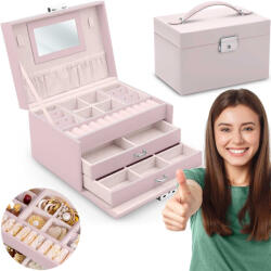 Massido Ékszerdoboz, Massido MS-700, 18, 6 × 14, 8 × 11 cm, rózsaszín, PU műbőr, kulccsal zárható, tükörrel, fiókokkal és rekeszekkel, fogantyúval (TE670002)