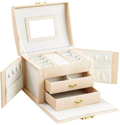  Ékszertartó táska, fiókos, 18 × 13 × 14 cm, pezsgőszín, tükörrel és kulccsal zárható hordozható kivitel (HOP1001273-2)