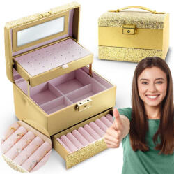 Massido Ékszerdoboz, Massido MS-704, 17, 5 x 13, 7 x 12, 3 cm, arany, PU műbőr, kulccsal zárható, tükrös, rekeszes, fogantyúval (TE670501)