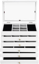  Ékszertartó, rendszerező, 6 rekeszes, 30×19×25, 5 cm, fehér, beépített tükörrel, fiókos, gyűrűtartóval, fa és fém (HOP1001438)