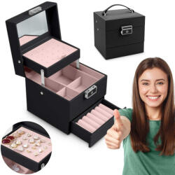 Massido Ékszerdoboz, Massido MS-703, 13 x 13 x 12, 5 cm, fekete, PU műbőr, kulccsal zárható, tükrös, rekeszes, gyűrű- és fülbevaló tartóval, fogantyúval (TE670301)