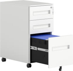 HomCom Vinsetto irodai fiókos szekrény 5 kerékkel, 3 fiókkal, zárral és kulccsal, 30x43, 5x60 cm, fehér