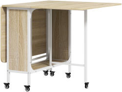 HomCom Összecsukható asztal 4-6 fő részére, helytakarékos asztal, polc és 6 kerék, 130x80x74 cm, natúr fa