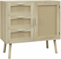 Homcom Többfunkciós Boho Stílusú Szekrény Ajtóval és 3 Rattan Betétes Fiókkal, 80x36x75cm, Tölgy