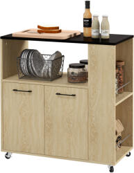 Homcom Forgácslap konyhai kocsi, nyitott polc, 2 ajtós szekrény, oldalsó polc, 2 szint, fekete tölgy színekben