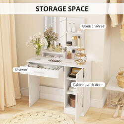 Homcom Hálószoba Öltöző Szekrénnyel, Fiókos Ágyneművel, Sminktükörrel és Nyitott Polcokkal, 90x38x138 cm, Fehér