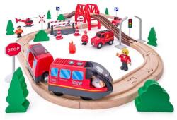 Woodyland Pista de tren din lemn cu locomotivă electrică, pompieri, 60 de piese (OLP102192110) Trenulet