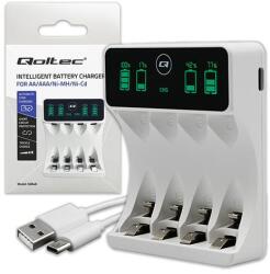 Qoltec akkumulátortöltő Ni-MH típusú R03 AAA R6 AA | LCD | USB-C kábel | Fehér (QC-50848)