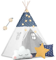Nukido Gyereksátor, Nukido Tipi, fényfüzérrel, 120 x 120 x 165 cm, sötétkék, prémium pamut, fenyőfa rudak, 3 párna, vastag szigetelő matrac (TE740424)