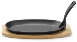 HENDI Öntöttvas sütő- és tálalótányér fa alátéttel, fogócsipesszel, HENDI, Fekete, 280x140x(H)30mm (0629383)