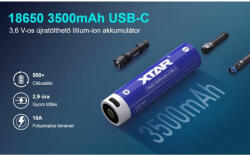 XTAR 18650 3, 7V-os Li-ion akku védelemmel, 3500 mAh USB-C (XTAR-18650-3500-C)